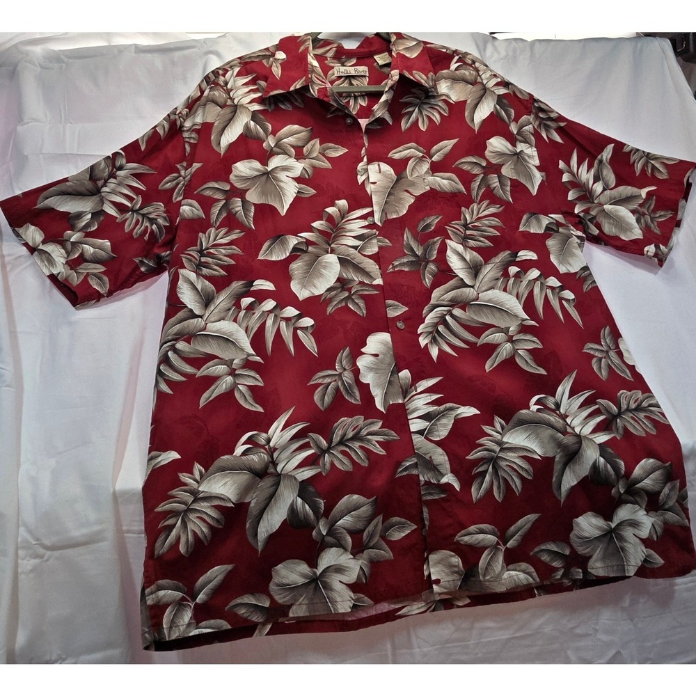 Hollis River Mens XLT Red Tropical Leaf Print Cotton SS Button Up Shirt